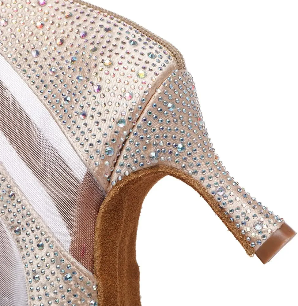 JUODVMP Dance Boots for Women Satin with Rhinestones Ankle Booties Ballroom Heels