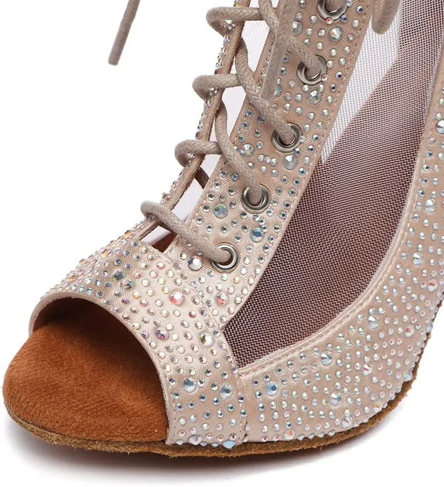 JUODVMP Dance Boots for Women Satin with Rhinestones Ankle Booties Ballroom Heels