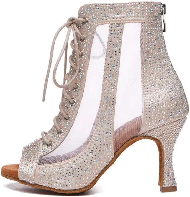 JUODVMP Dance Boots for Women Satin with Rhinestones Ankle Booties Ballroom Heels