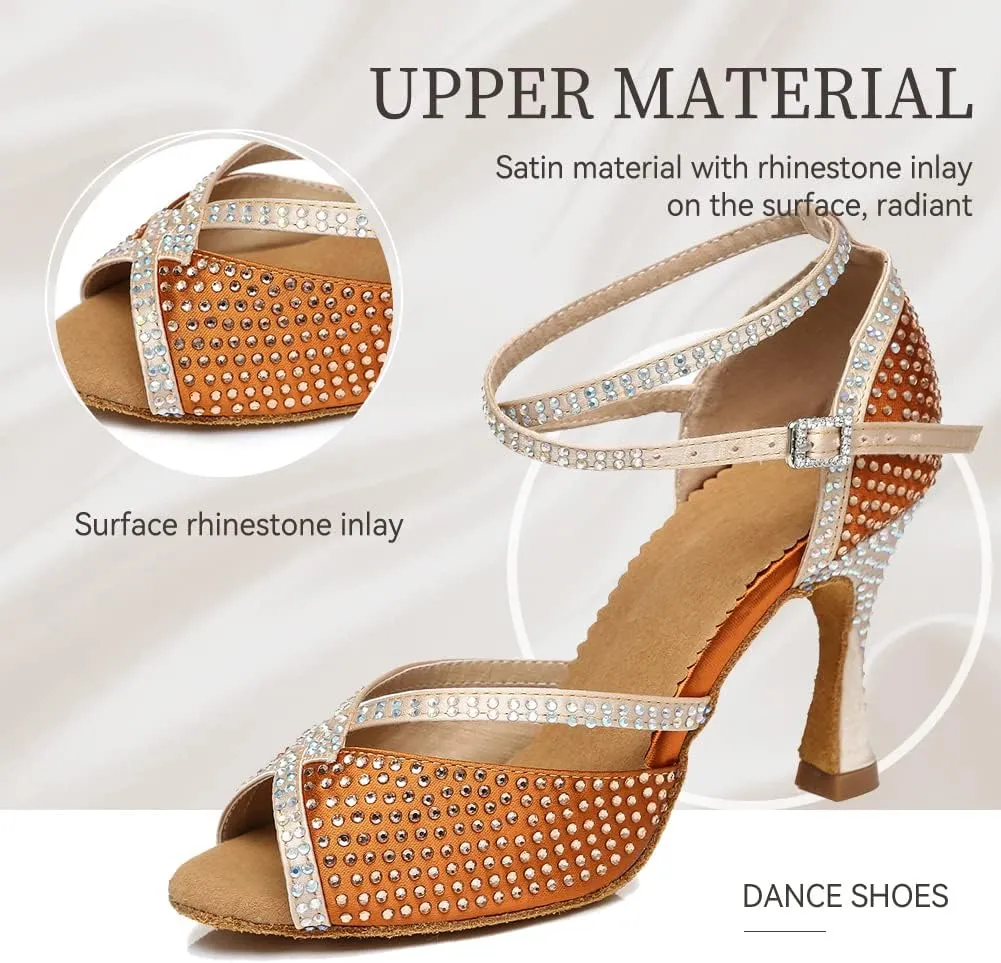 JUODVMP Latin Dance Shoes for Women Peep Toe Ballroom Salsa Tango Professional Dance Heels with Rhinestones
