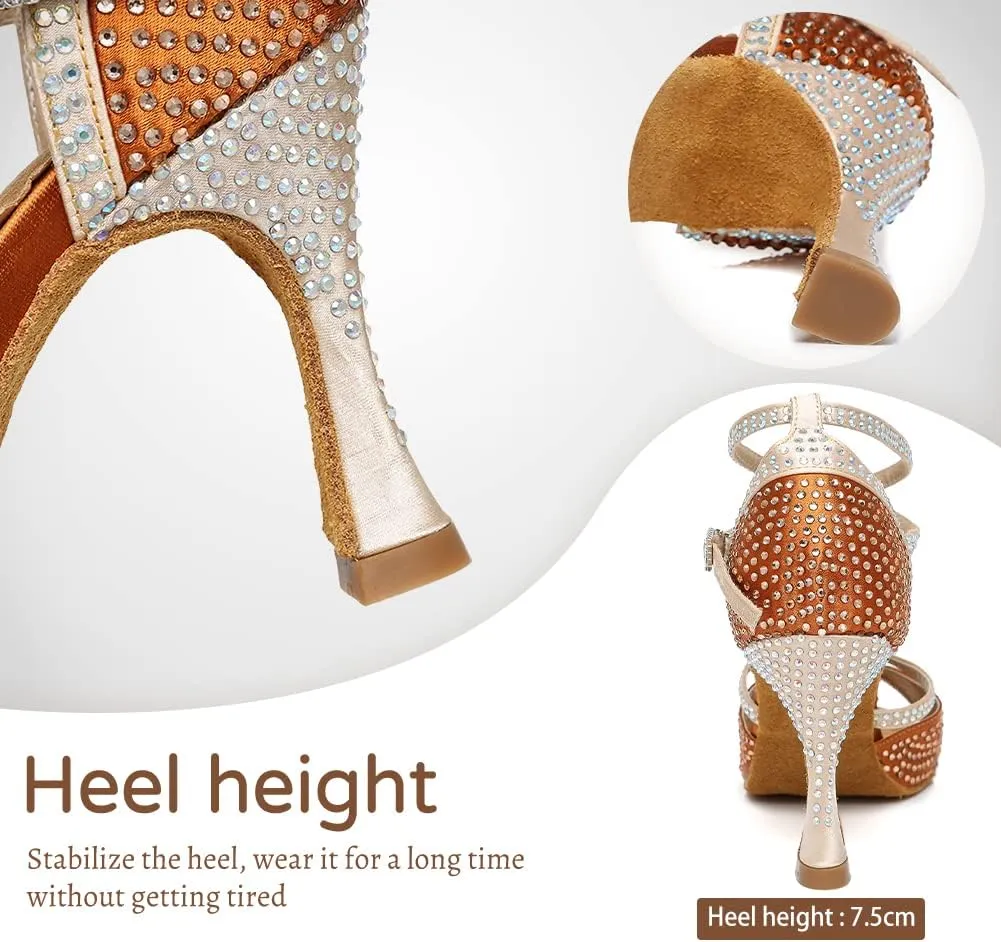JUODVMP Latin Dance Shoes for Women Peep Toe Ballroom Salsa Tango Professional Dance Heels with Rhinestones