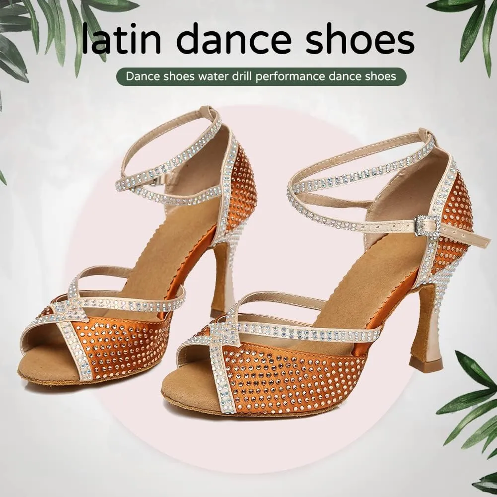 JUODVMP Latin Dance Shoes for Women Peep Toe Ballroom Salsa Tango Professional Dance Heels with Rhinestones