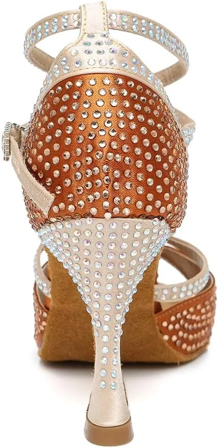 JUODVMP Latin Dance Shoes for Women Peep Toe Ballroom Salsa Tango Professional Dance Heels with Rhinestones