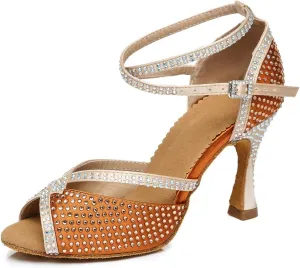 JUODVMP Latin Dance Shoes for Women Peep Toe Ballroom Salsa Tango Professional Dance Heels with Rhinestones