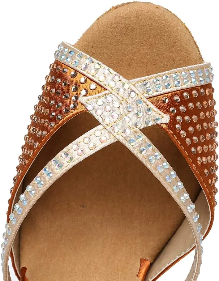 JUODVMP Latin Dance Shoes for Women Peep Toe Ballroom Salsa Tango Professional Dance Heels with Rhinestones