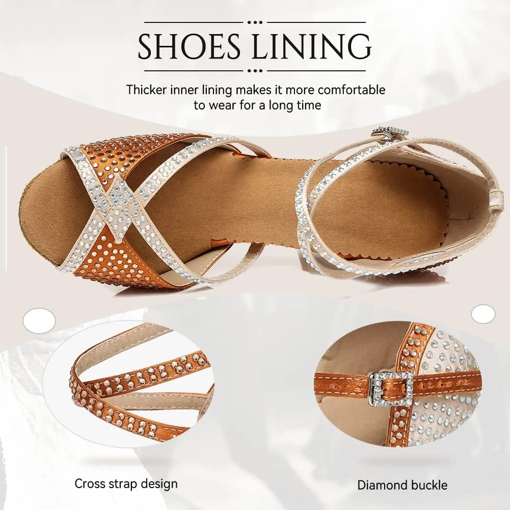 JUODVMP Latin Dance Shoes for Women Peep Toe Ballroom Salsa Tango Professional Dance Heels with Rhinestones