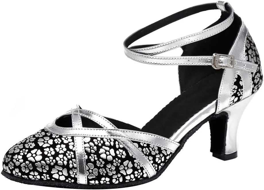JUODVMP Women's Closed Toe Dance Heels Satin Latin Ballroom Dance Shoes YCL323