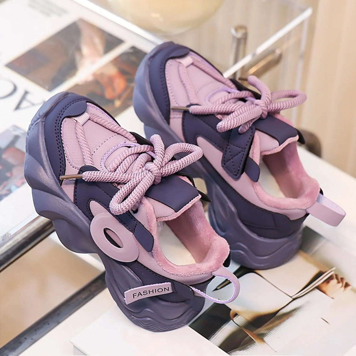 Kids Girls Chunky Sneakers Lace-up Soft Thick Sole Comfortable Lightweight Casual Fashion Tennis Shoes for Hiking