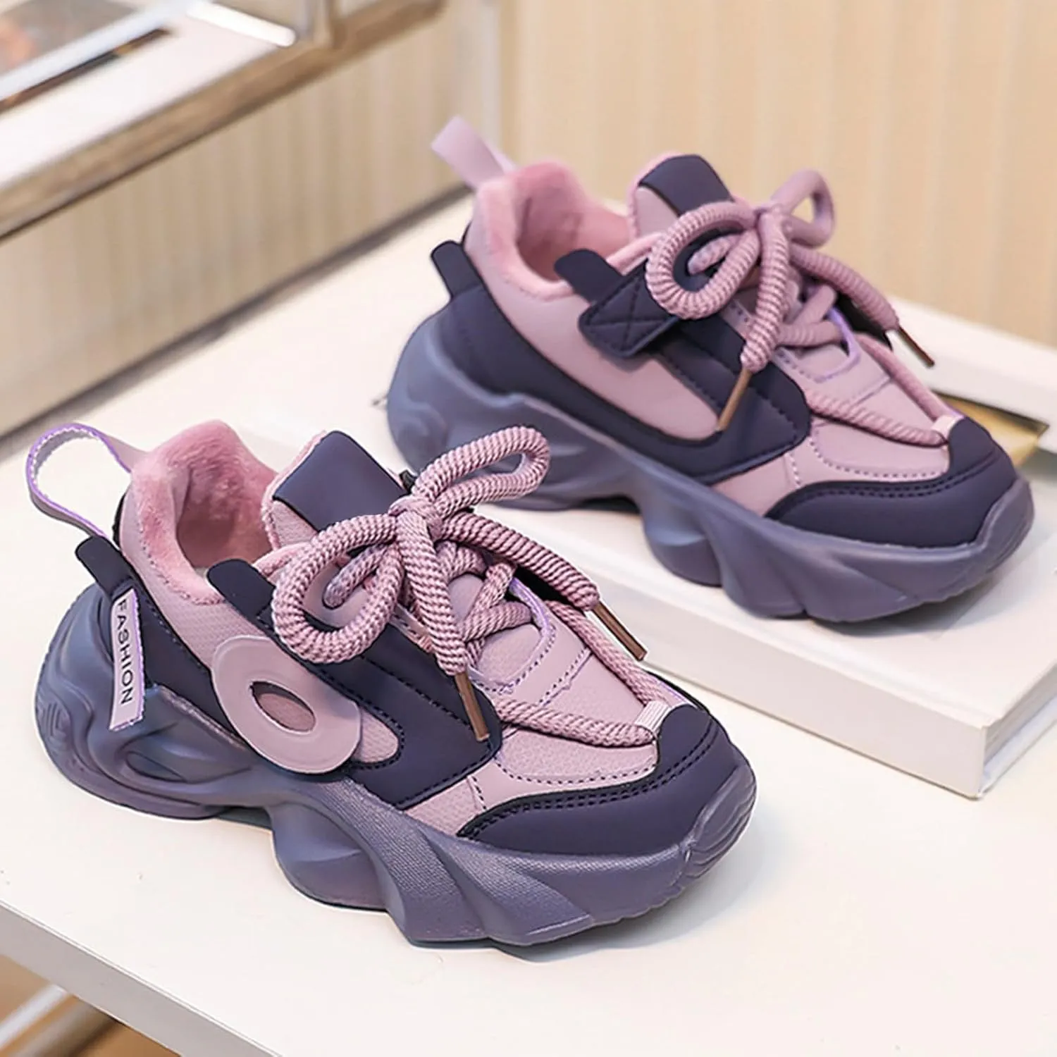 Kids Girls Chunky Sneakers Lace-up Soft Thick Sole Comfortable Lightweight Casual Fashion Tennis Shoes for Hiking