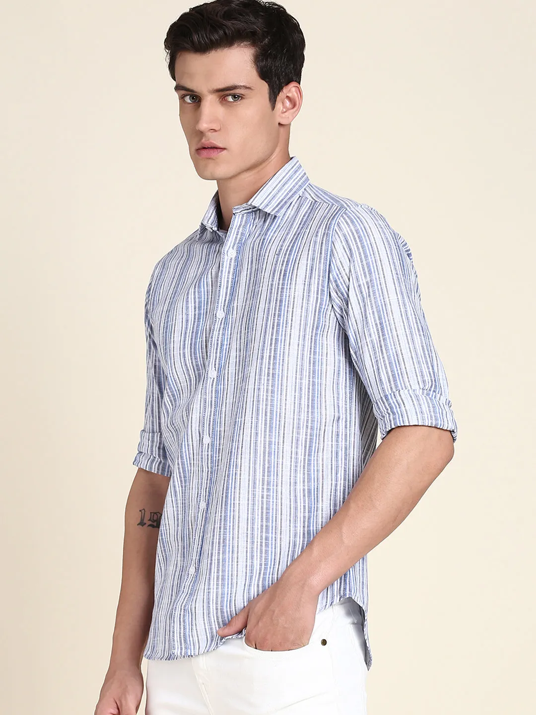 Men's Blue Striped Half Sleeves Casual Shirt