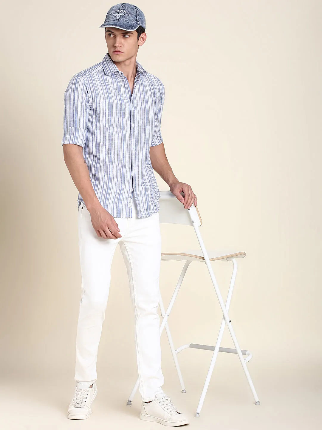 Men's Blue Striped Half Sleeves Casual Shirt