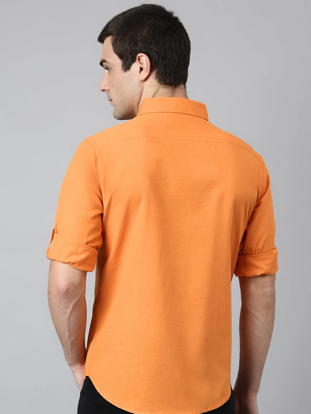 Men's Cotton Solid Orange Slim Fit Casual Shirt