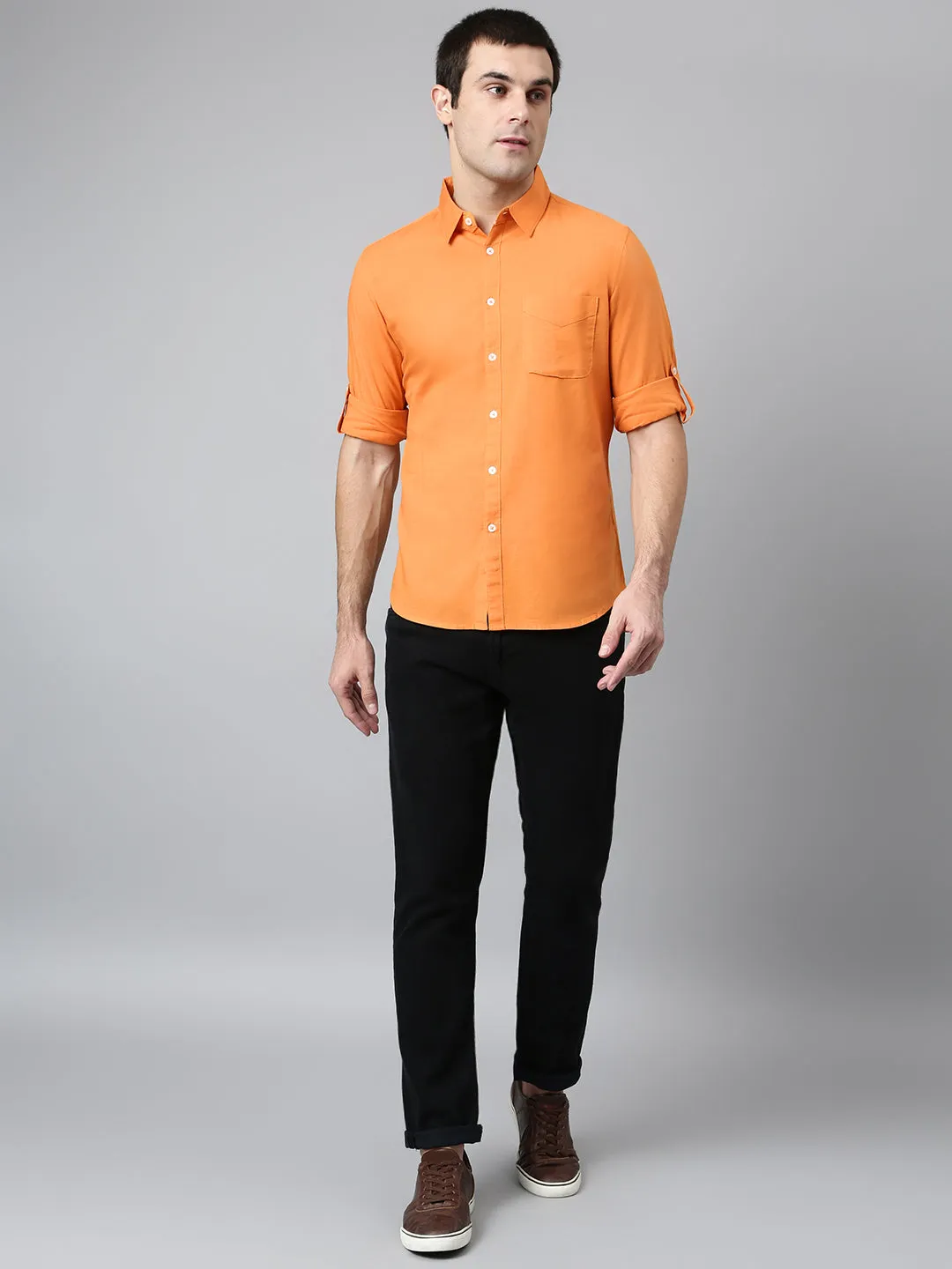 Men's Cotton Solid Orange Slim Fit Casual Shirt