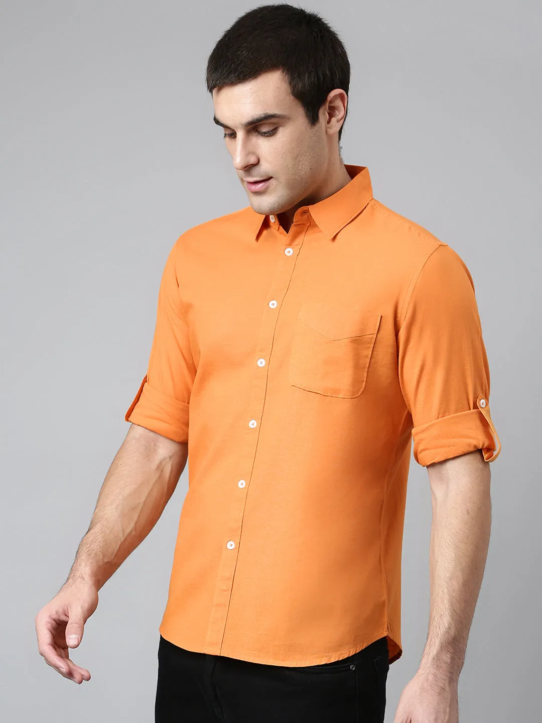 Men's Cotton Solid Orange Slim Fit Casual Shirt