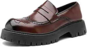 Men's Leather Wingtip Wide Round Toe Platform Loafers Classic Slip On Comfortable Anti-Slip Lug Sole Brogue Penny Loafers for Wedding Business Formal Prom