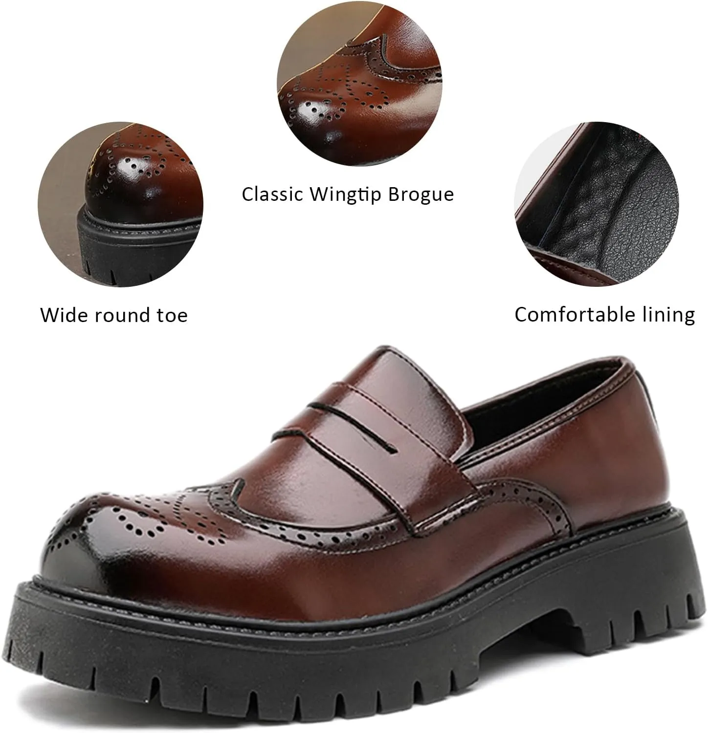 Men's Leather Wingtip Wide Round Toe Platform Loafers Classic Slip On Comfortable Anti-Slip Lug Sole Brogue Penny Loafers for Wedding Business Formal Prom