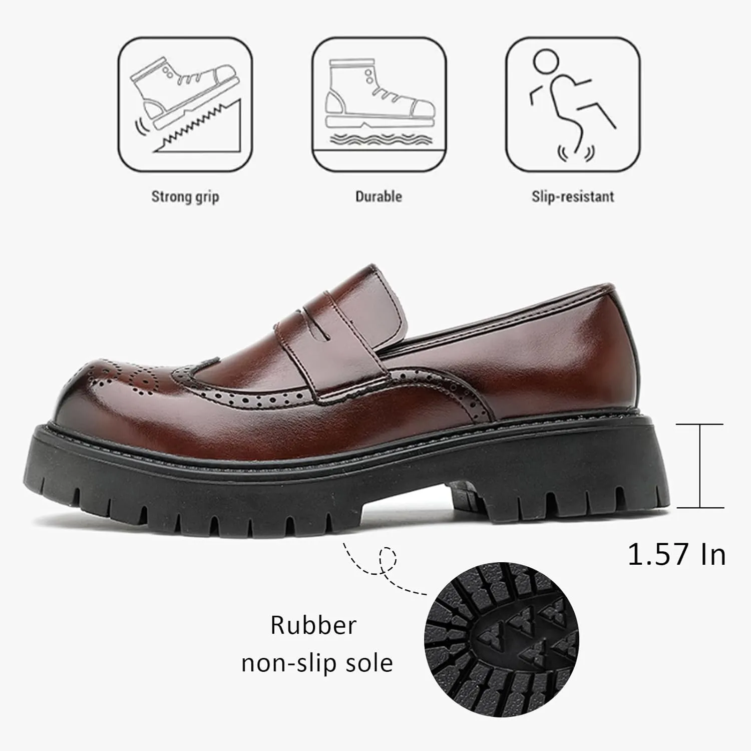 Men's Leather Wingtip Wide Round Toe Platform Loafers Classic Slip On Comfortable Anti-Slip Lug Sole Brogue Penny Loafers for Wedding Business Formal Prom