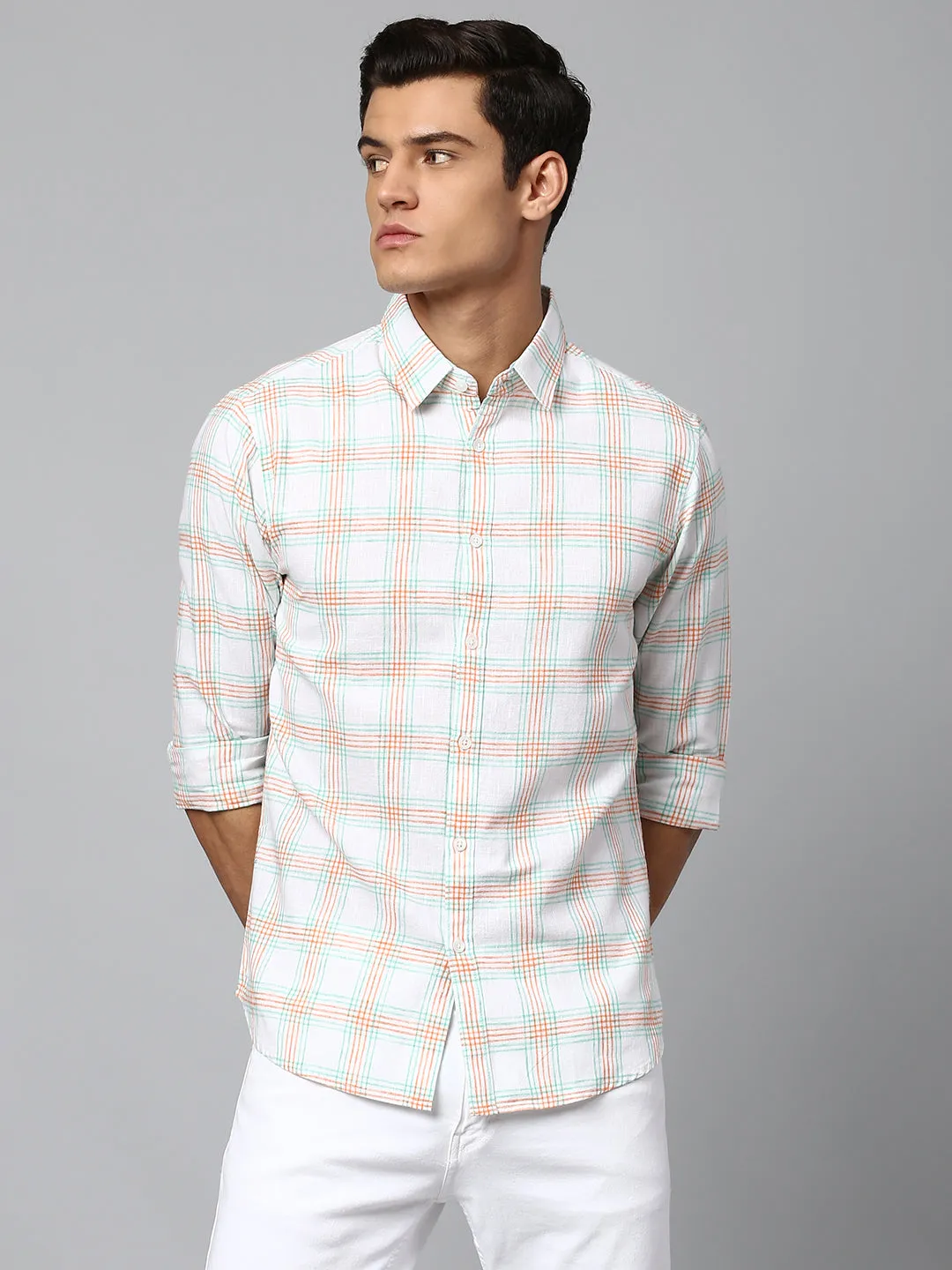 Men's Orange Slim Fit Linen Casual Shirt