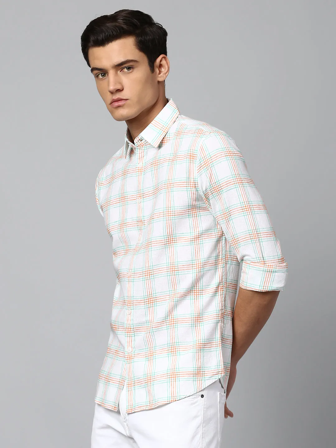 Men's Orange Slim Fit Linen Casual Shirt