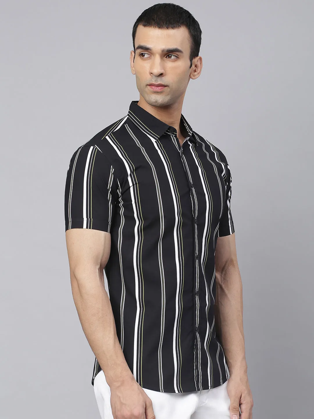 Men's Striped Black Slim Fit Cotton Casual Shirt