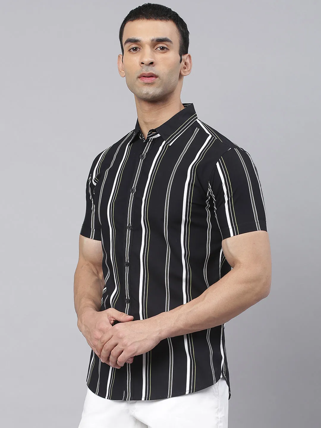 Men's Striped Black Slim Fit Cotton Casual Shirt