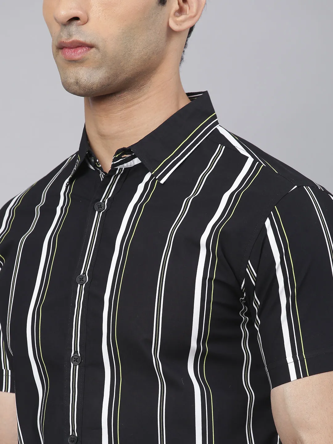 Men's Striped Black Slim Fit Cotton Casual Shirt