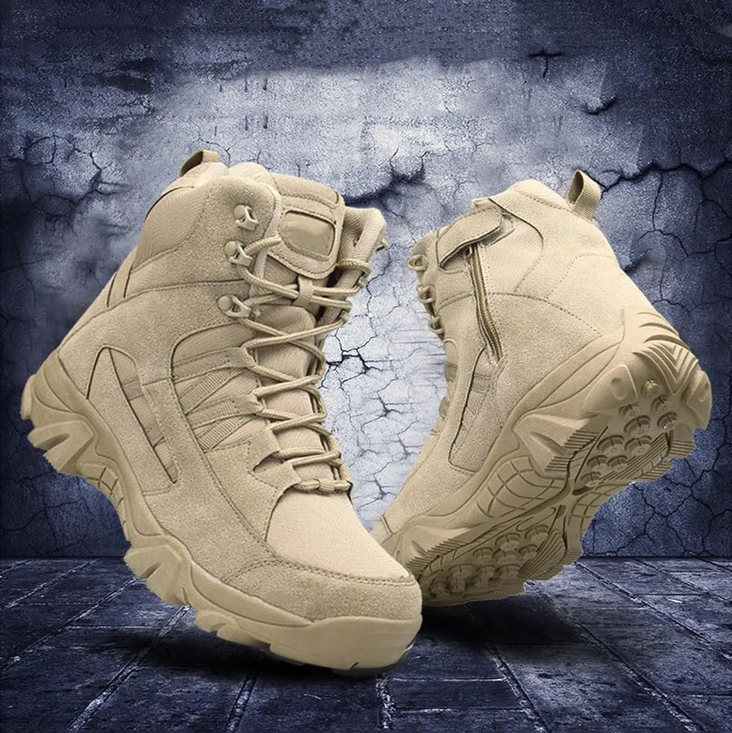 Men's Tactical Boots, Anti Slip Outdoor Hiking Combat Boots, Lightweight Waterproof Mountain Climbing Boots, Side With Zipper