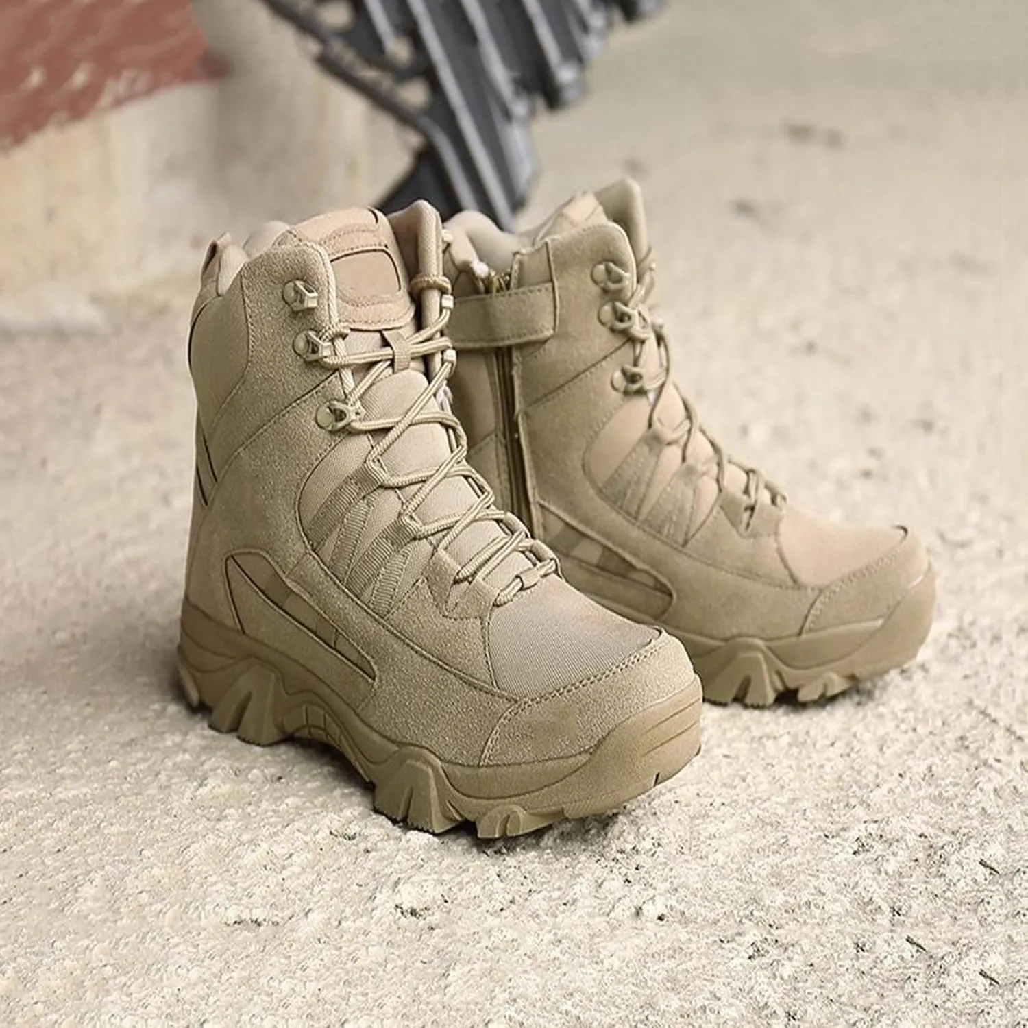 Men's Tactical Boots, Anti Slip Outdoor Hiking Combat Boots, Lightweight Waterproof Mountain Climbing Boots, Side With Zipper