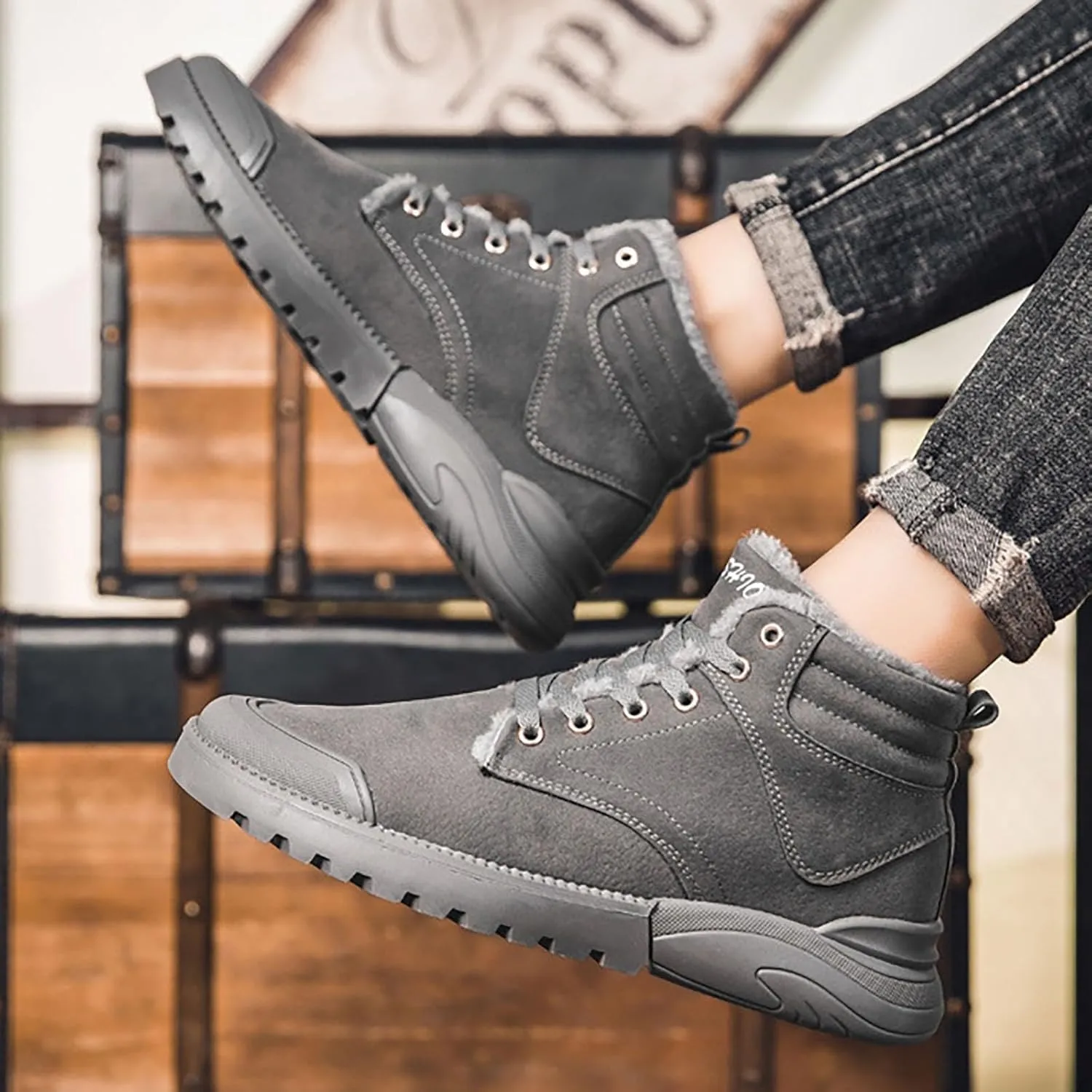 Mens Work Boots Slip On Hiking Sneakers Fur Lined Ankle Boot Women Safety Toe Shoes Slip Resistant Composite Safety Toe Waterproof Industrial Casual Hike Grounded Footwear