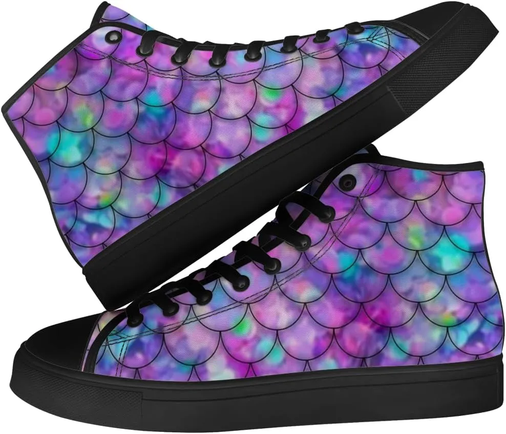 Mermaid High Top Canvas Shoes for Men Women Mermaid Scales High Top Sneakers Lace Up Casual Shoes Gifts for Boys Girls
