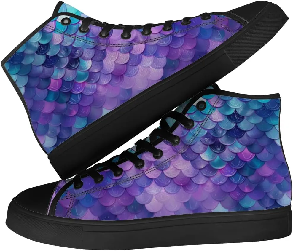 Mermaid High Top Canvas Shoes for Men Women Mermaid Scales High Top Sneakers Lace Up Casual Shoes Gifts for Boys Girls