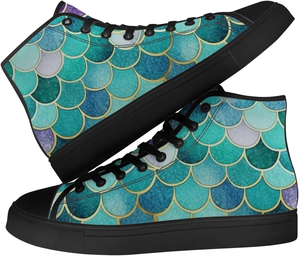 Mermaid High Top Canvas Shoes for Men Women Mermaid Scales High Top Sneakers Lace Up Casual Shoes Gifts for Boys Girls
