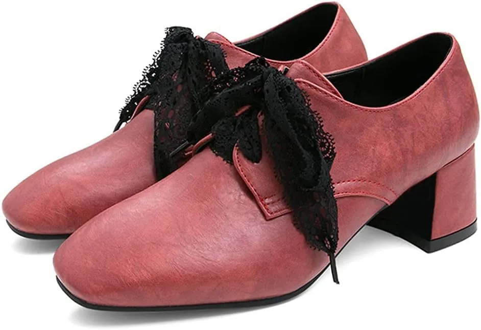 MIOKE Women's Fashion Lace Up Pump Oxfords Square Toe Suede Comfort Chunky Mid Heels Vintage Dress Shoes
