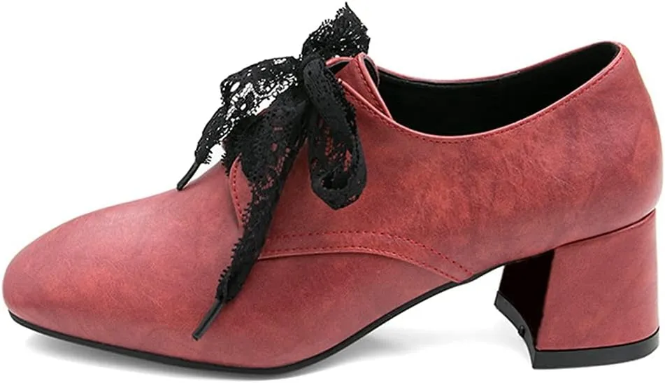 MIOKE Women's Fashion Lace Up Pump Oxfords Square Toe Suede Comfort Chunky Mid Heels Vintage Dress Shoes