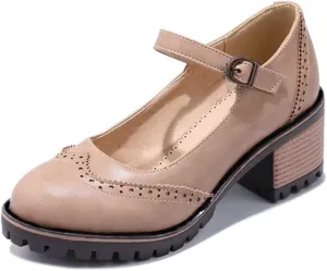MIOKE Women's Retro Mary Jane Pump Oxford Brogue Round Toe Chunky Block Heel Platform Vintage Dress Shoes
