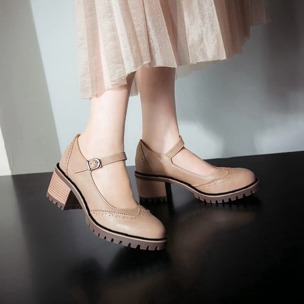 MIOKE Women's Retro Mary Jane Pump Oxford Brogue Round Toe Chunky Block Heel Platform Vintage Dress Shoes