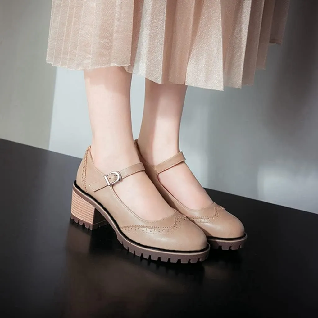 MIOKE Women's Retro Mary Jane Pump Oxford Brogue Round Toe Chunky Block Heel Platform Vintage Dress Shoes