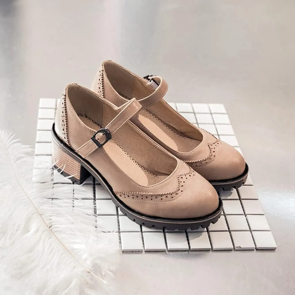 MIOKE Women's Retro Mary Jane Pump Oxford Brogue Round Toe Chunky Block Heel Platform Vintage Dress Shoes