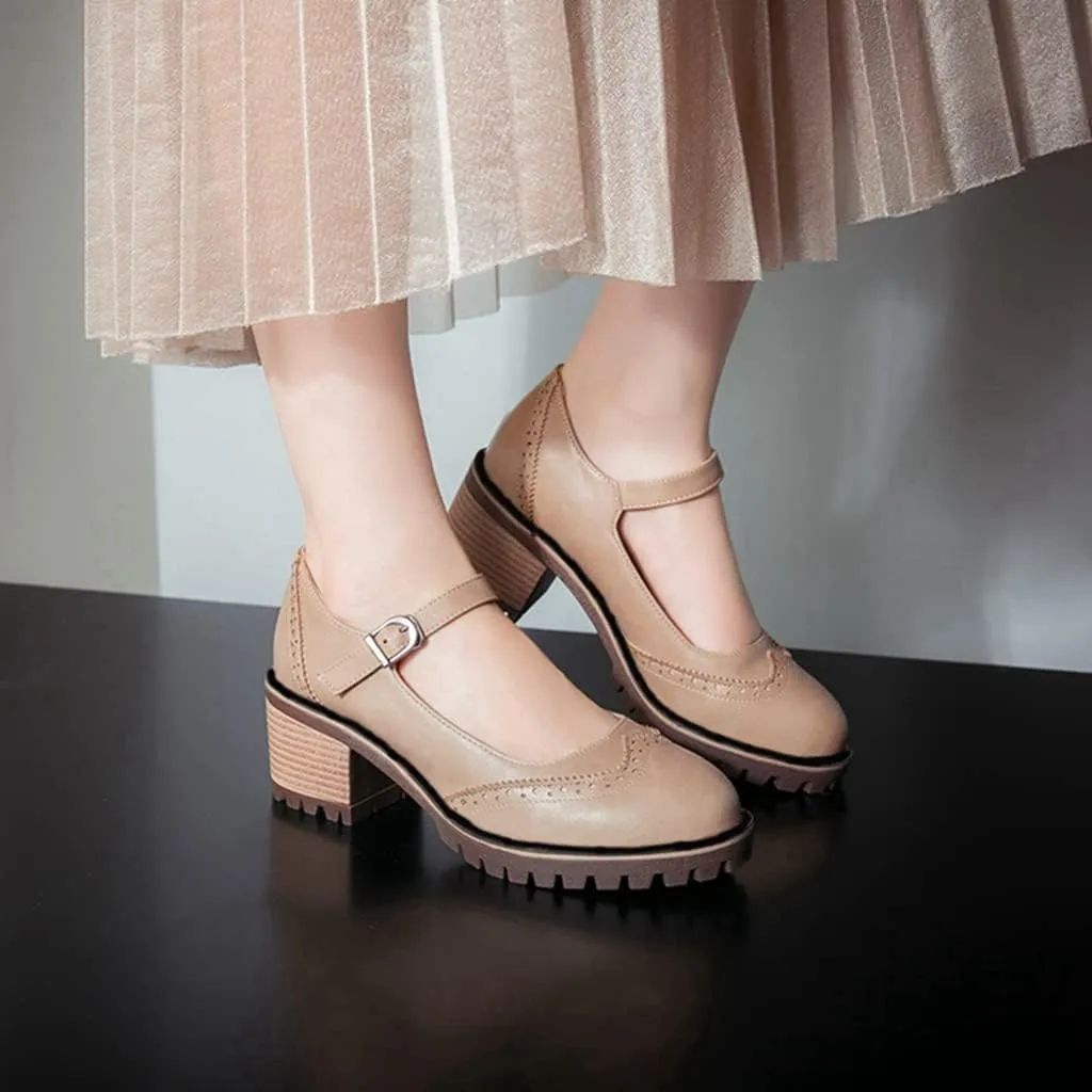 MIOKE Women's Retro Mary Jane Pump Oxford Brogue Round Toe Chunky Block Heel Platform Vintage Dress Shoes