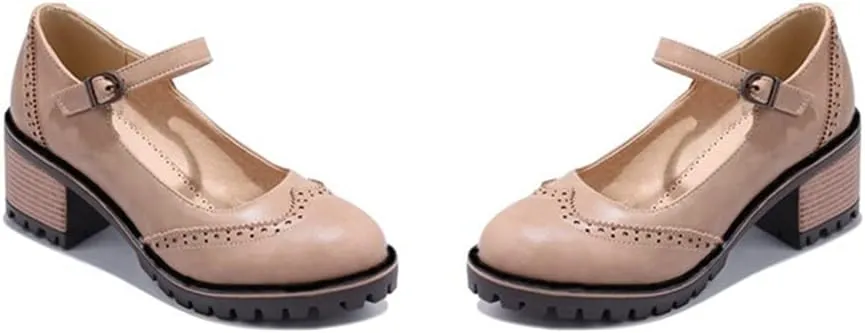 MIOKE Women's Retro Mary Jane Pump Oxford Brogue Round Toe Chunky Block Heel Platform Vintage Dress Shoes