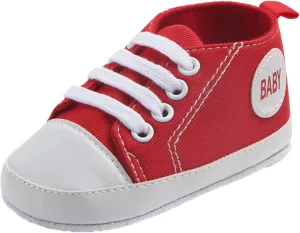 Newborn Baby Girls Boys Canvas Shoes Soft Sole Slip On High Top First Walking Sneaker Flat Lace up Crib (Red, 0-3Months)