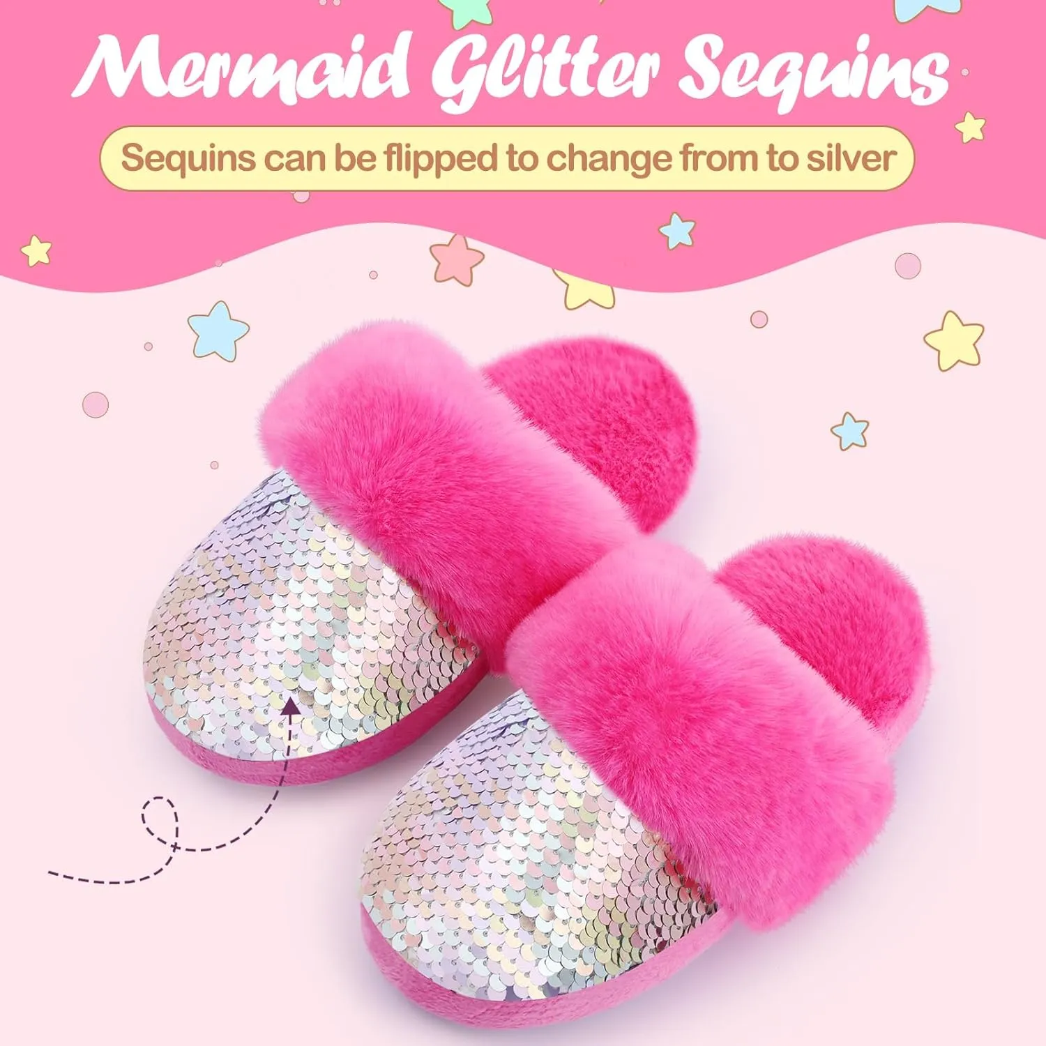 Orthoshoes Girls Sequined Fluffy Slippers, Faux Fur Memory Foam, Non-Slip Indoor House Shoes