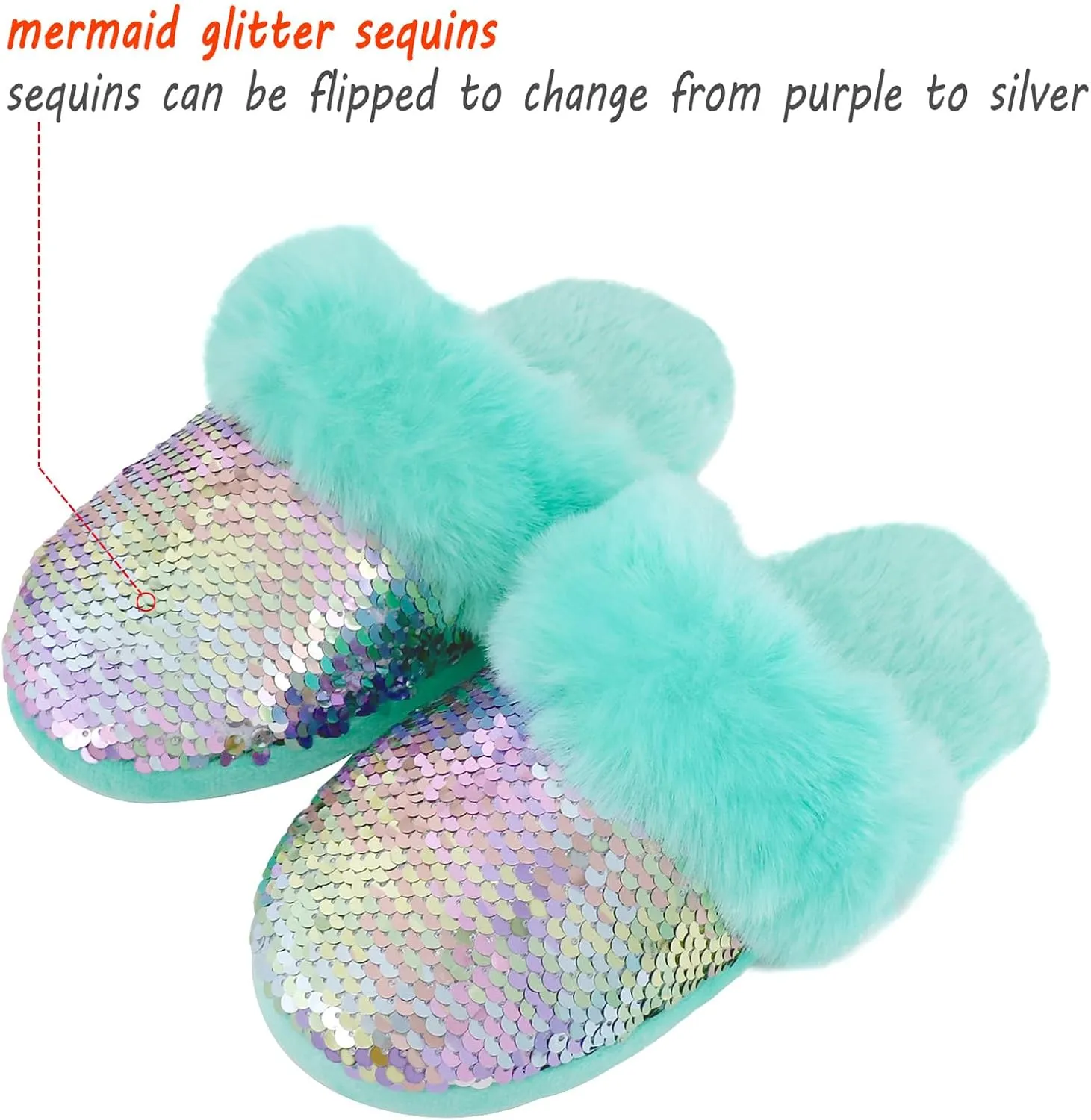 Orthoshoes Girls Sequined Fluffy Slippers, Faux Fur Memory Foam, Non-Slip Indoor House Shoes