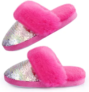 Orthoshoes Girls Sequined Fluffy Slippers, Faux Fur Memory Foam, Non-Slip Indoor House Shoes