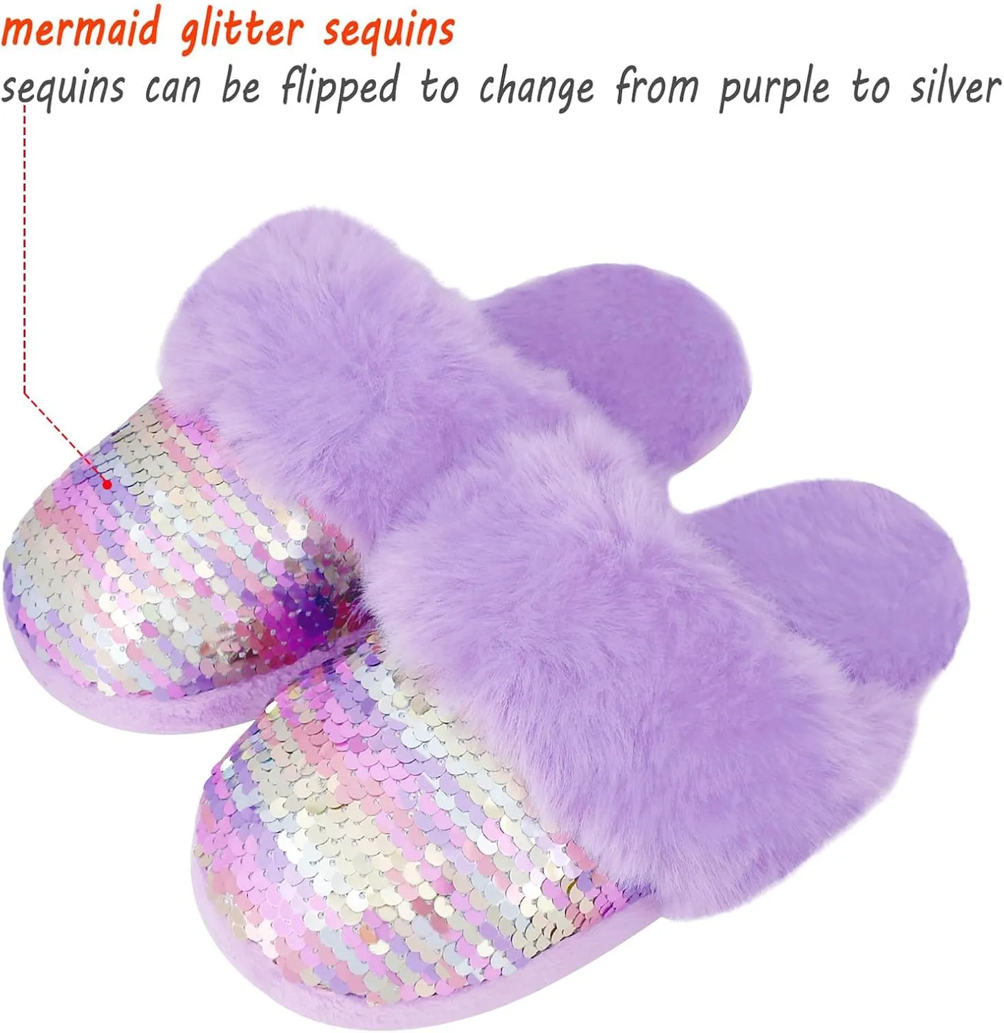 Orthoshoes Girls Sequined Fluffy Slippers, Faux Fur Memory Foam, Non-Slip Indoor House Shoes