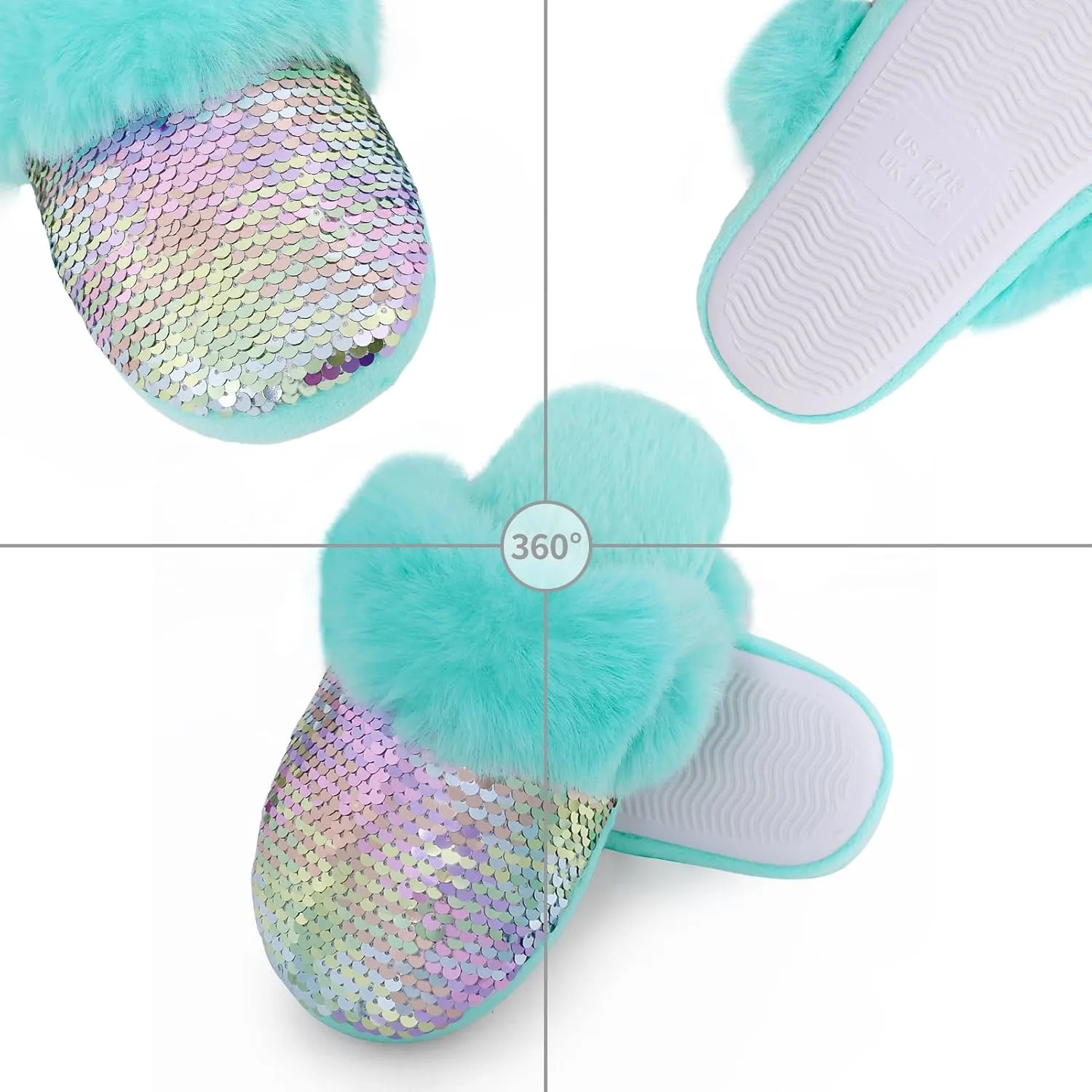 Orthoshoes Girls Sequined Fluffy Slippers, Faux Fur Memory Foam, Non-Slip Indoor House Shoes