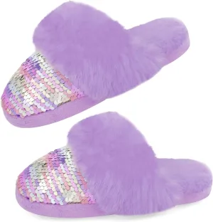 Orthoshoes Girls Sequined Fluffy Slippers, Faux Fur Memory Foam, Non-Slip Indoor House Shoes