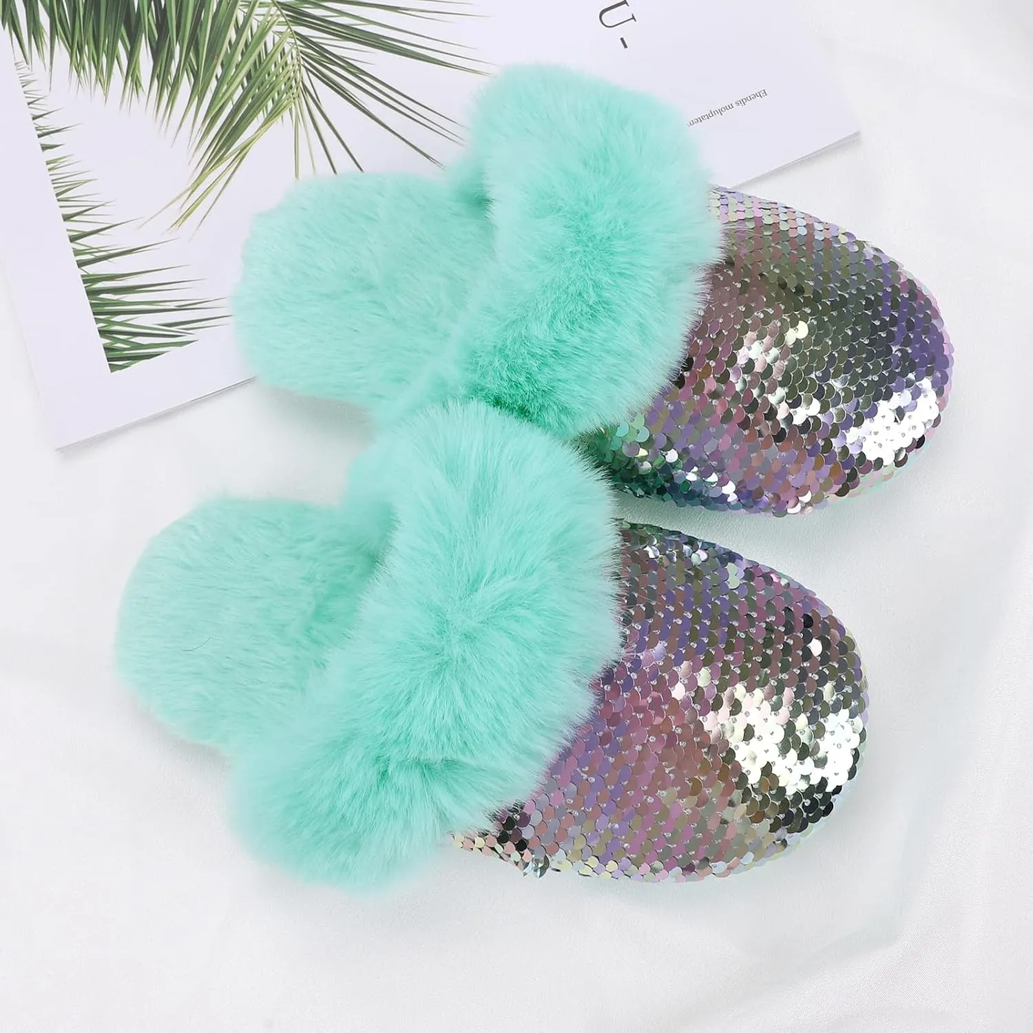 Orthoshoes Girls Sequined Fluffy Slippers, Faux Fur Memory Foam, Non-Slip Indoor House Shoes
