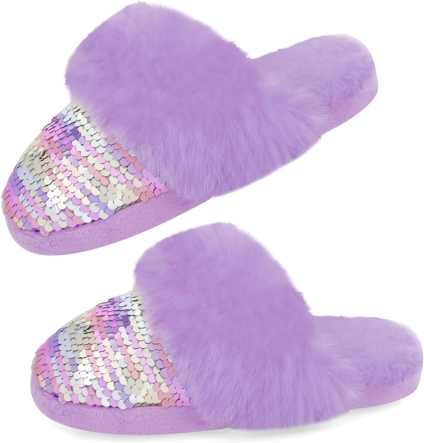 Orthoshoes Girls Sequined Fluffy Slippers, Faux Fur Memory Foam, Non-Slip Indoor House Shoes