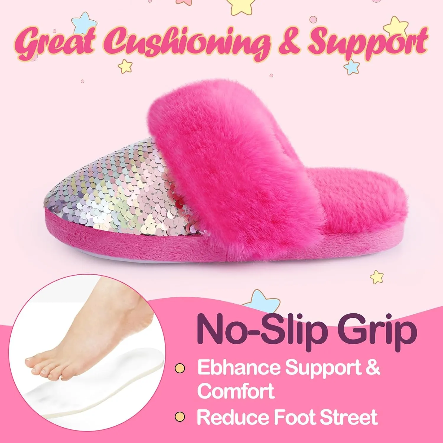 Orthoshoes Girls Sequined Fluffy Slippers, Faux Fur Memory Foam, Non-Slip Indoor House Shoes